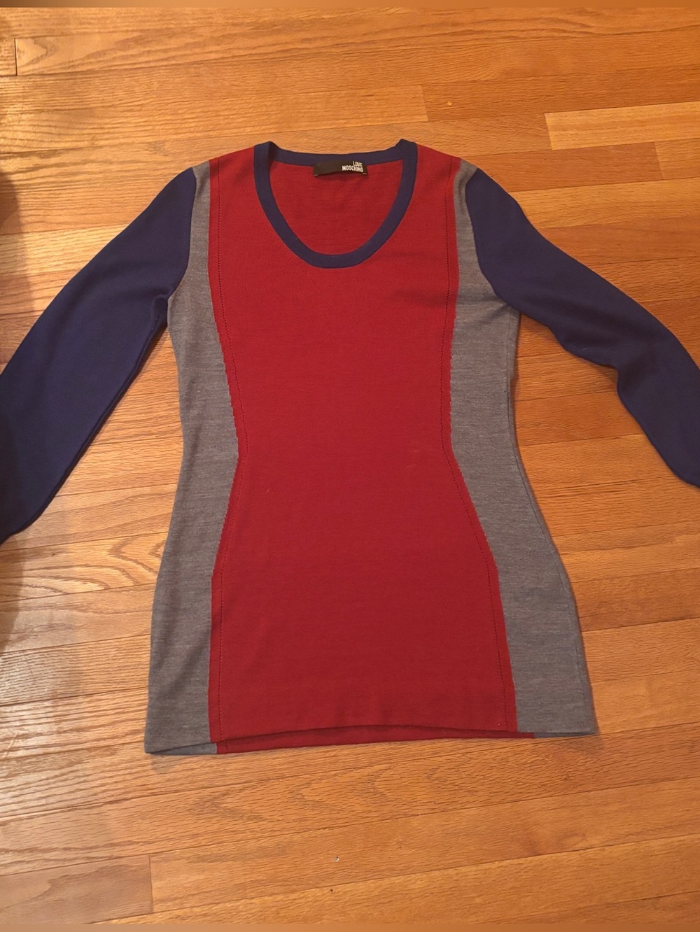 Love Moschino Colorblock Sweater / Knit Tunic / Mini Dress - Red, Blue & Gray